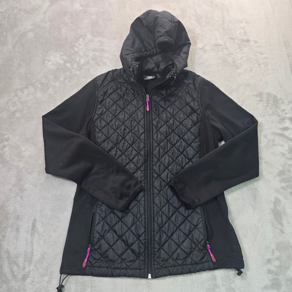 New Balance Womens Black Quilted Hybrid Full Zip Hooded Fleece Jacket Small